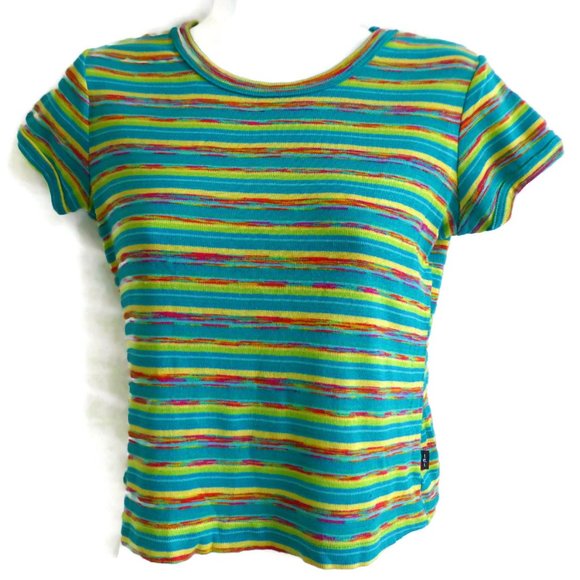 Vintage Tops - lei Baby Tee T Shirt Vintage Marled Striped Knit Blue Yellow Red M